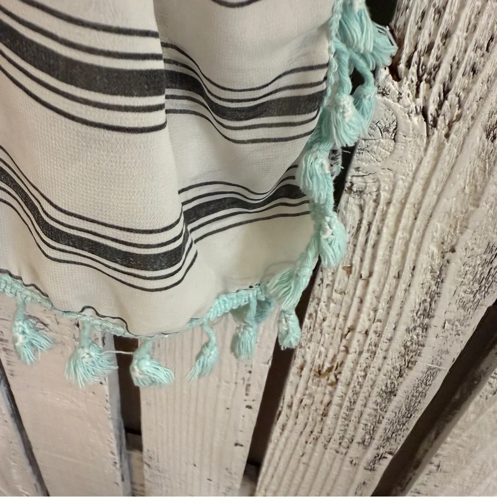 Swimsuit Cover Up Semi Sheer Black & White‎ Striped Turquoise Fringe One Size